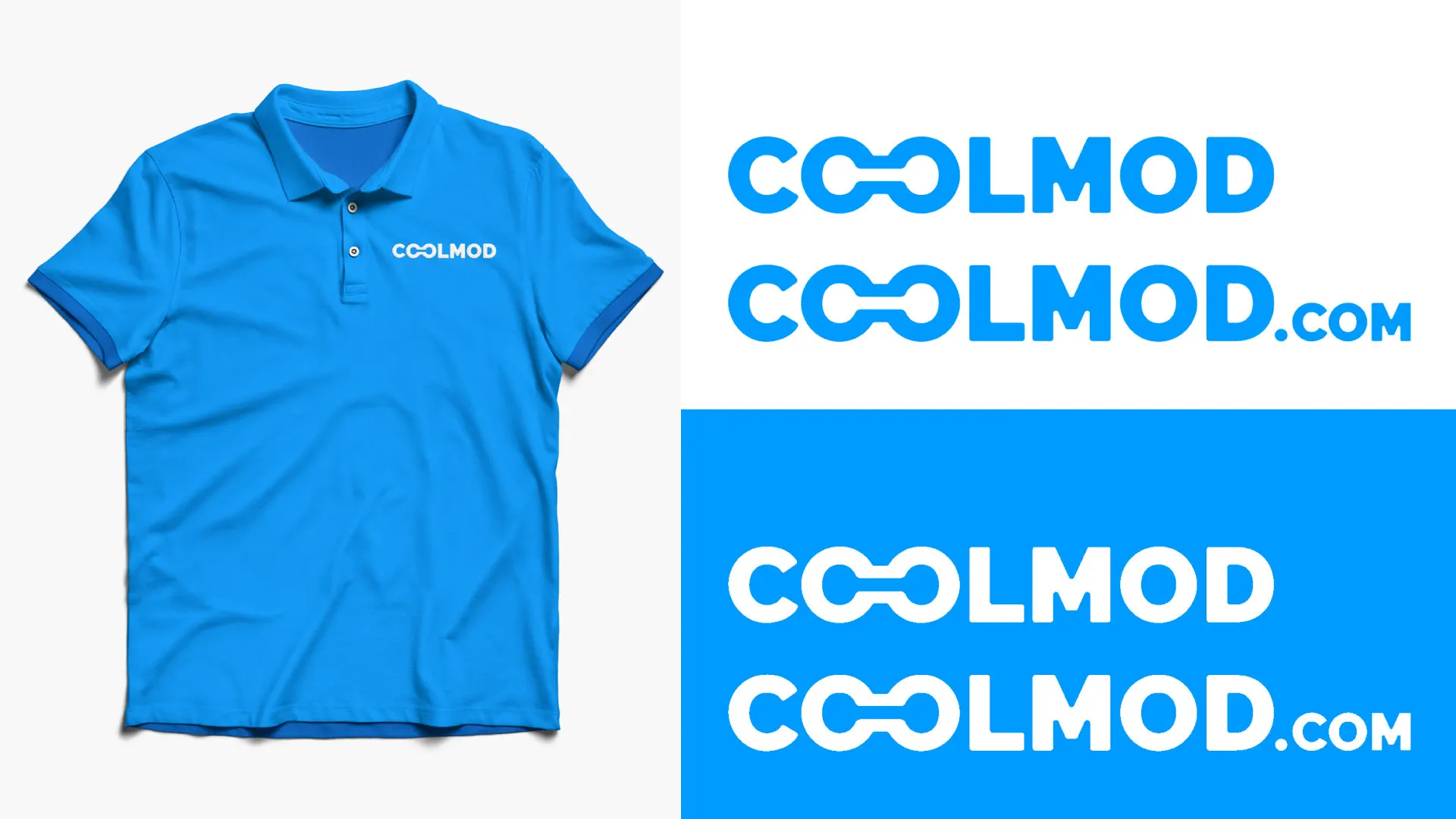 Propuesta de identidad visual de Coolmod aplicada a una camiseta y en variantes de logotipo azules.