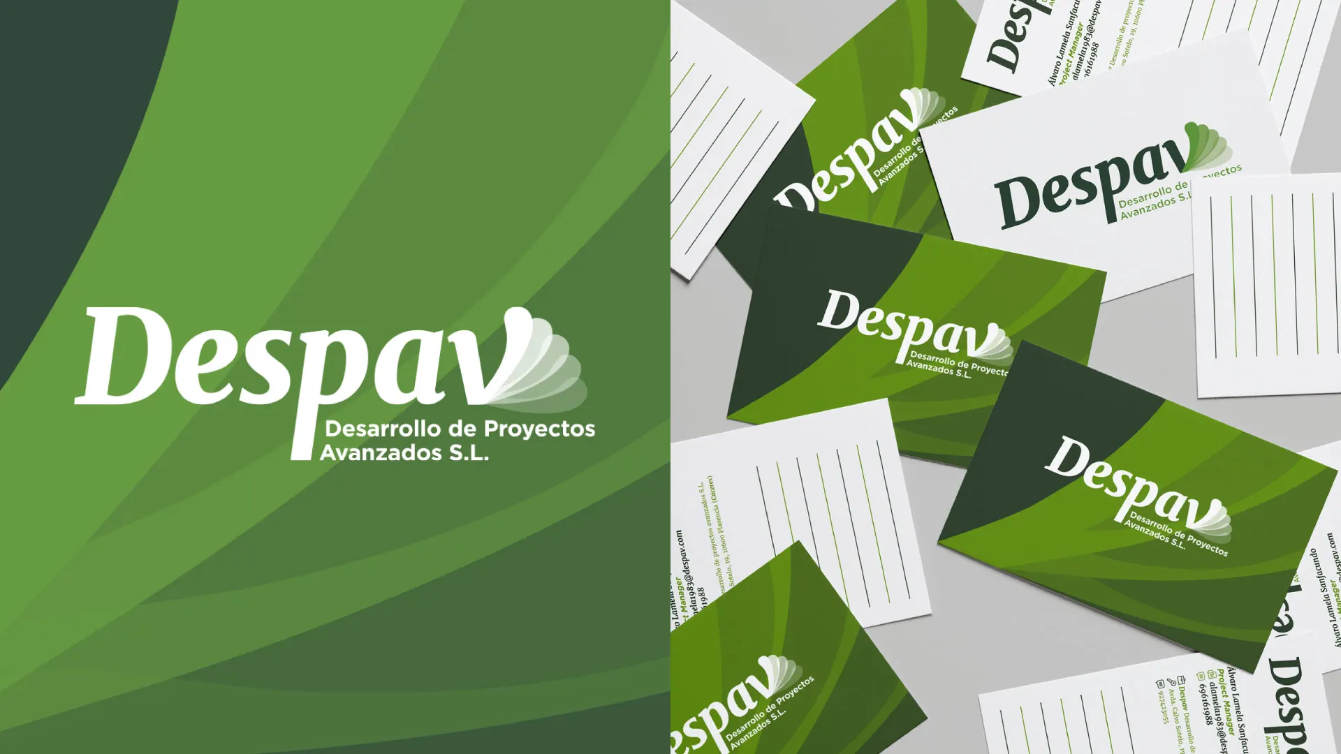 Aplicaciones de la identidad visual de Despav en papelería y tarjetas.
