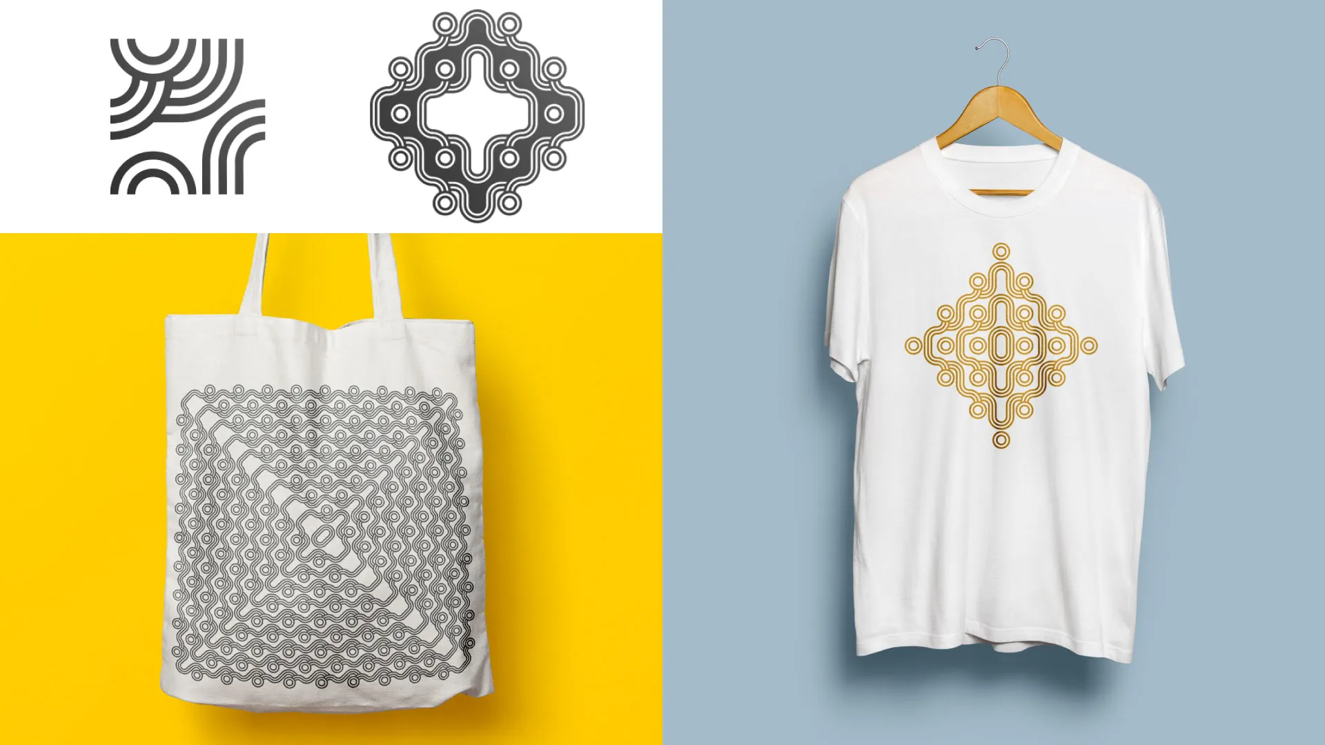 Sistema gráfico modular aplicado a símbolos, una bolsa y una camiseta.