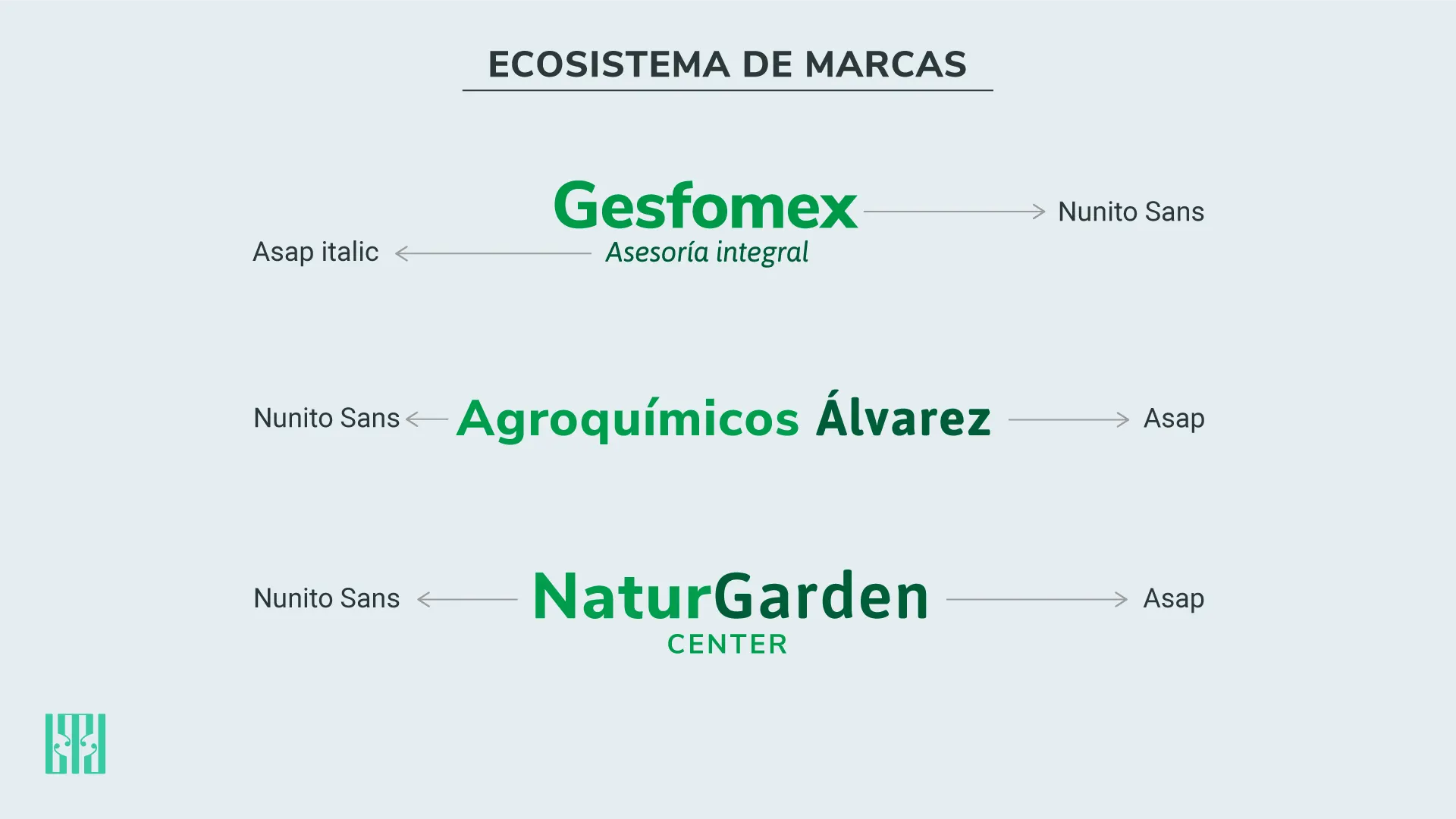 Comparativa tipográfica para las identidades de Gesfomex, Agroquímicos Álvarez y Naturgarden Center.