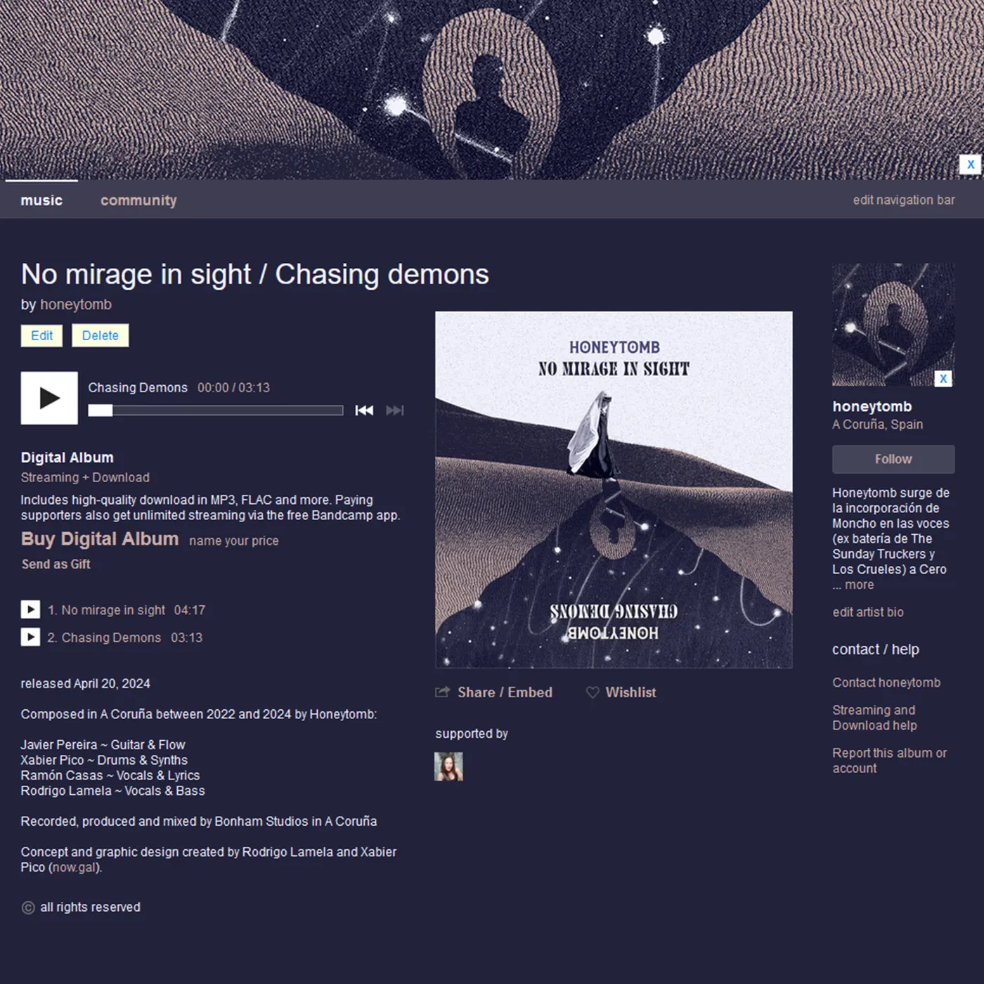Página de Bandcamp de Honeytomb con el álbum No Mirage in Sight / Chasing Demons.